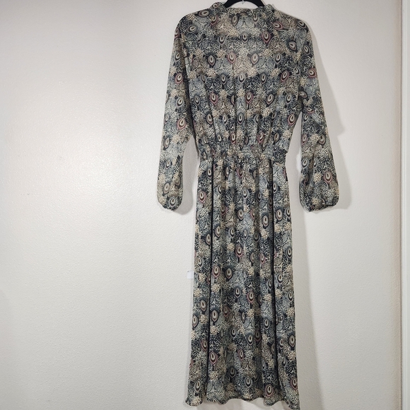 Veronica M Catia Peacock Feather Print Chiffon Smocked Dress L - Picture 12 of 17